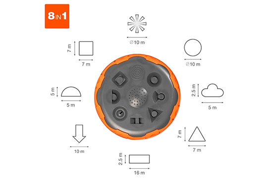 Поворачивая форсунки, можно выбрать один из восьми режимов для точного и бережного полива без образования луж